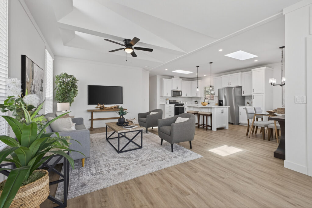 Bright open-concept living room and kitchen with vaulted ceilings and skylights