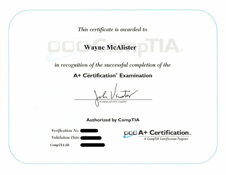 CompTIA A+ certification awarded to Wayne McAlister