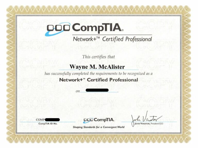 CompTIA Network+ certification awarded to Wayne McAlister