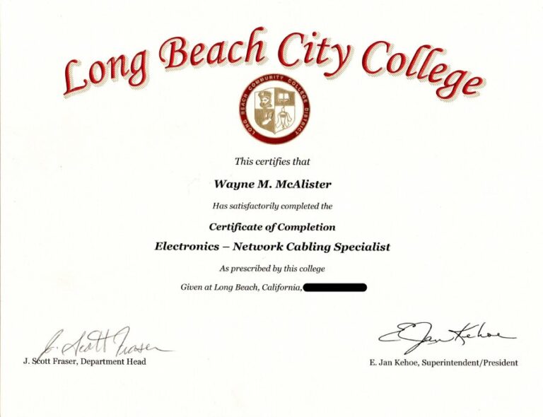 Long Beach City College Electronics Network Cabling Specialist certificate awarded to Wayne McAlister