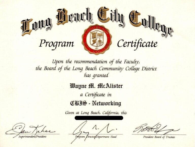 Long Beach City College program certificate in Computer Business Information Systems Networking awarded to Wayne McAlister