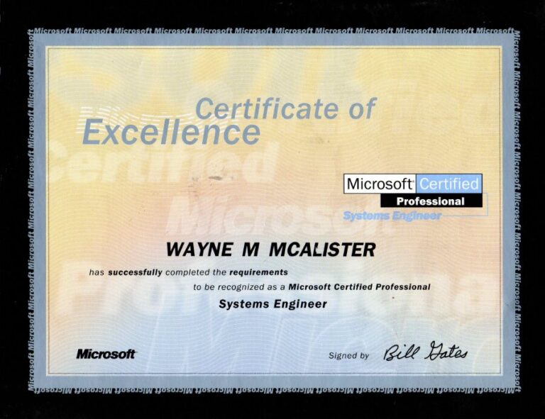 Microsoft Certified Professional Systems Engineer certificate awarded to Wayne McAlister