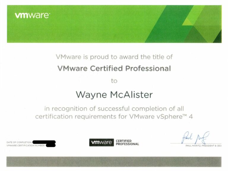 VMware Certified Professional certificate awarded to Wayne McAlister